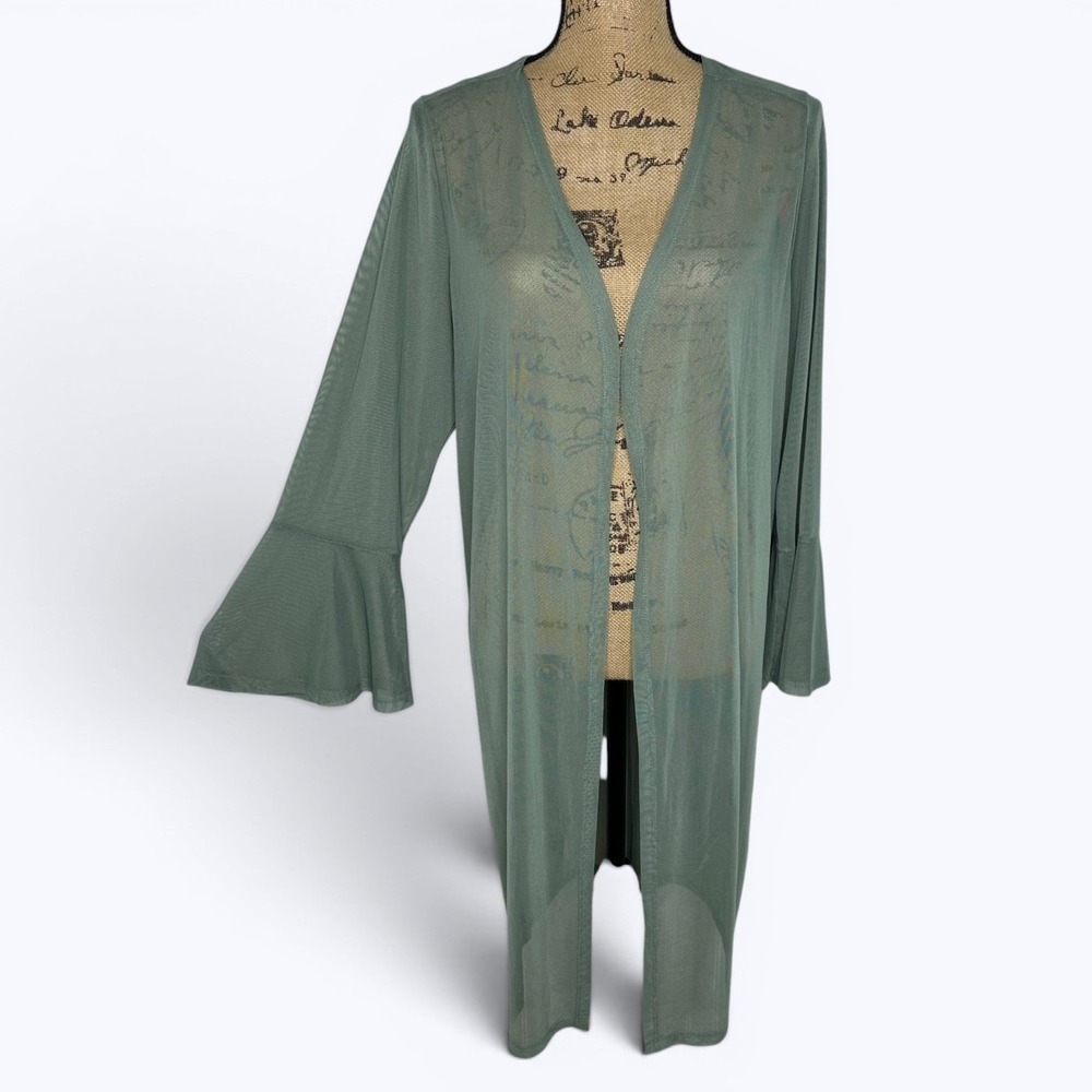 Full Circle Trends Sheer Mesh Duster Cardigan Sage Green Bell Sleeve Fairy Sz 1X